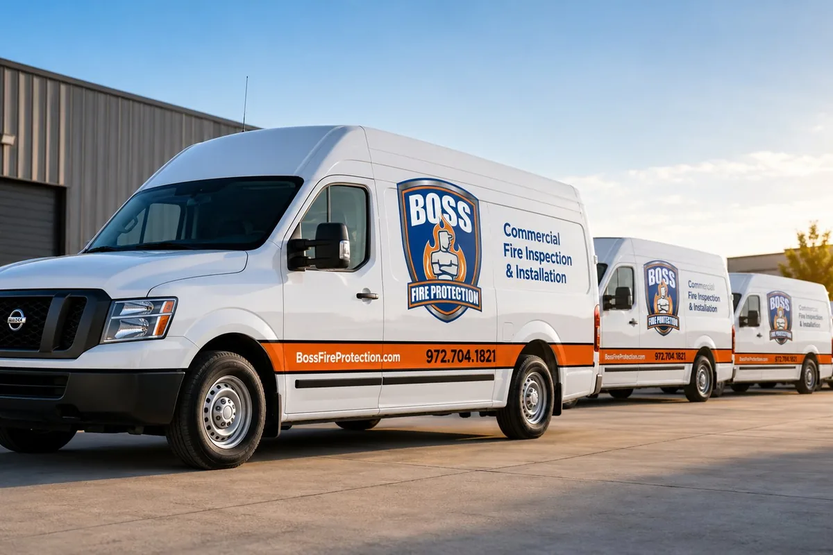Boss Fire Protection commercial service van for fire inspection and installation in Dallas Fort Worth