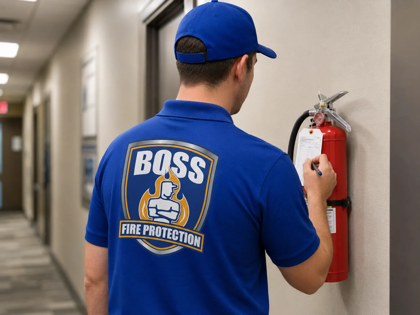 A Boss Fire Protection technician writing on the inspection tag of a wall-mounted fire extinguisher in a hallway