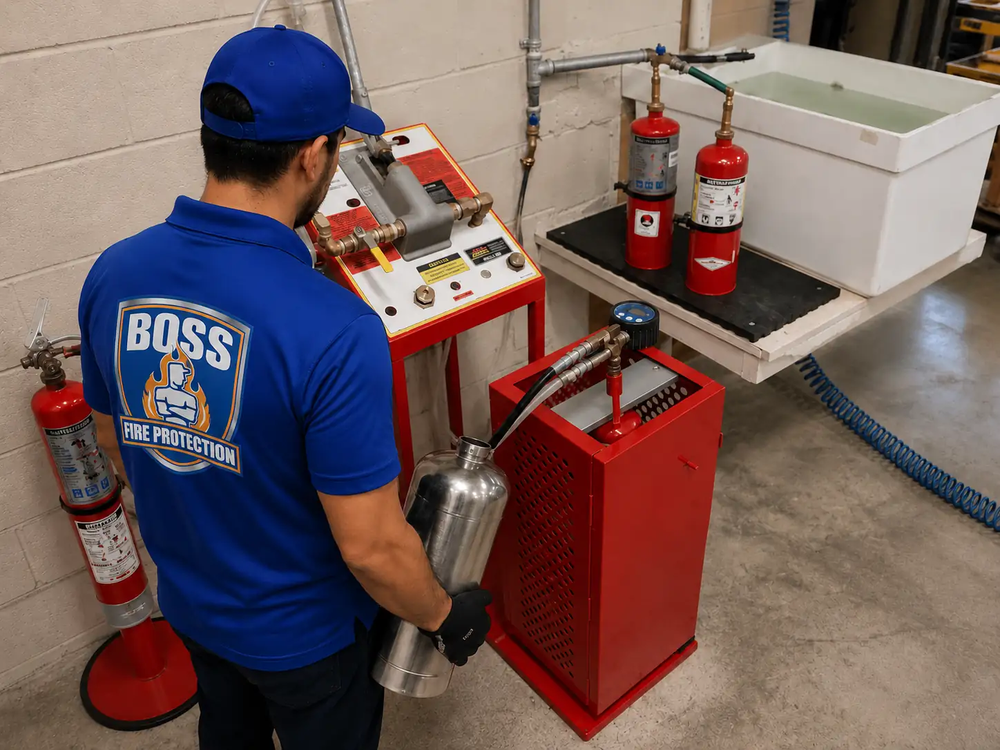 A Boss Fire Protection technician at a hydrostatic test bench with fire extinguisher cylinders