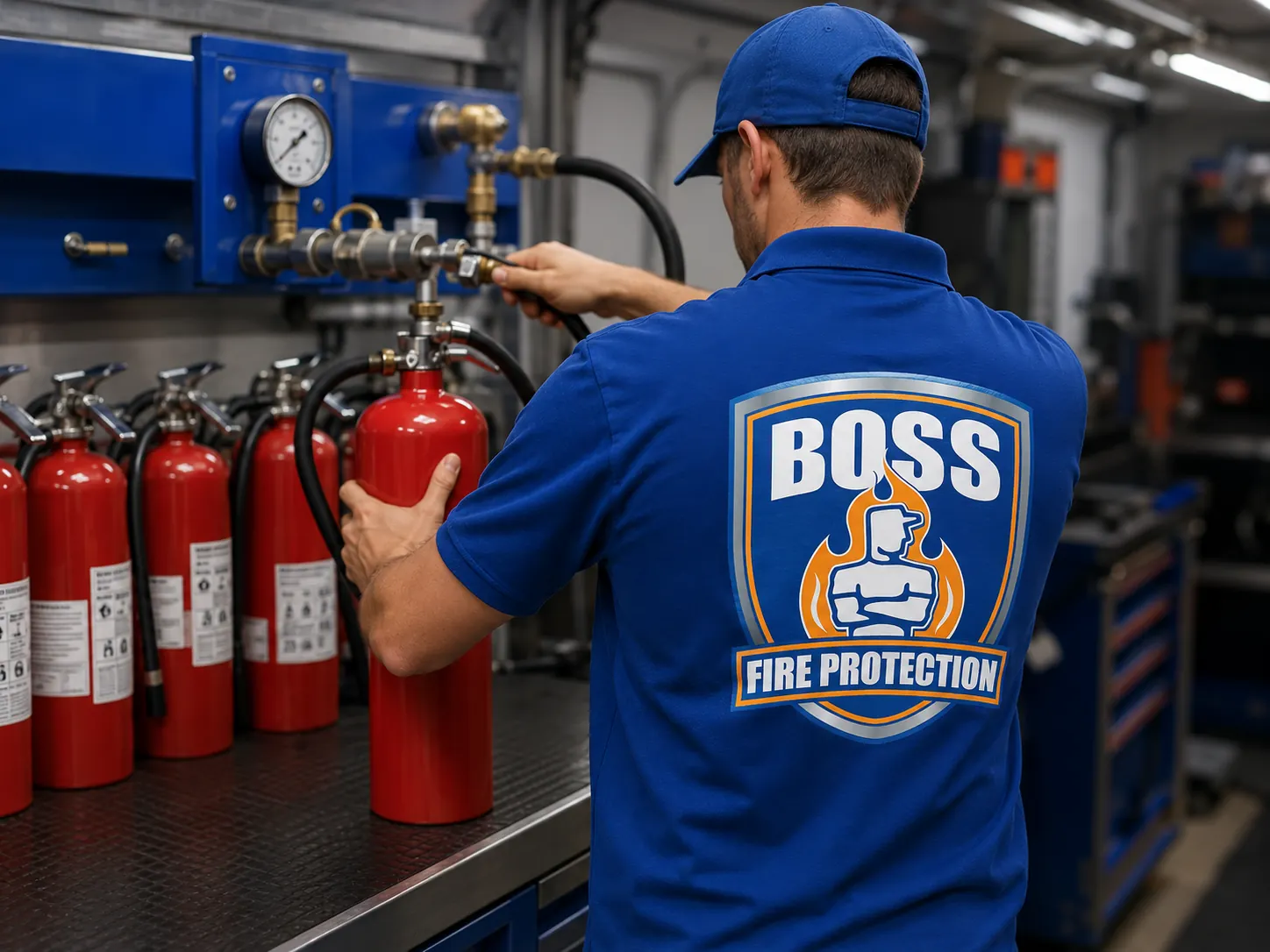 A Boss Fire Protection technician servicing a red fire extinguisher at a recharge bench, with more extinguishers lined up beside it