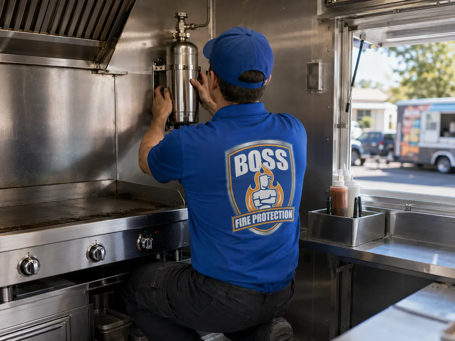 Boss Fire Protection technician servicing a food truck fire suppression system in Dallas-Fort Worth, TX