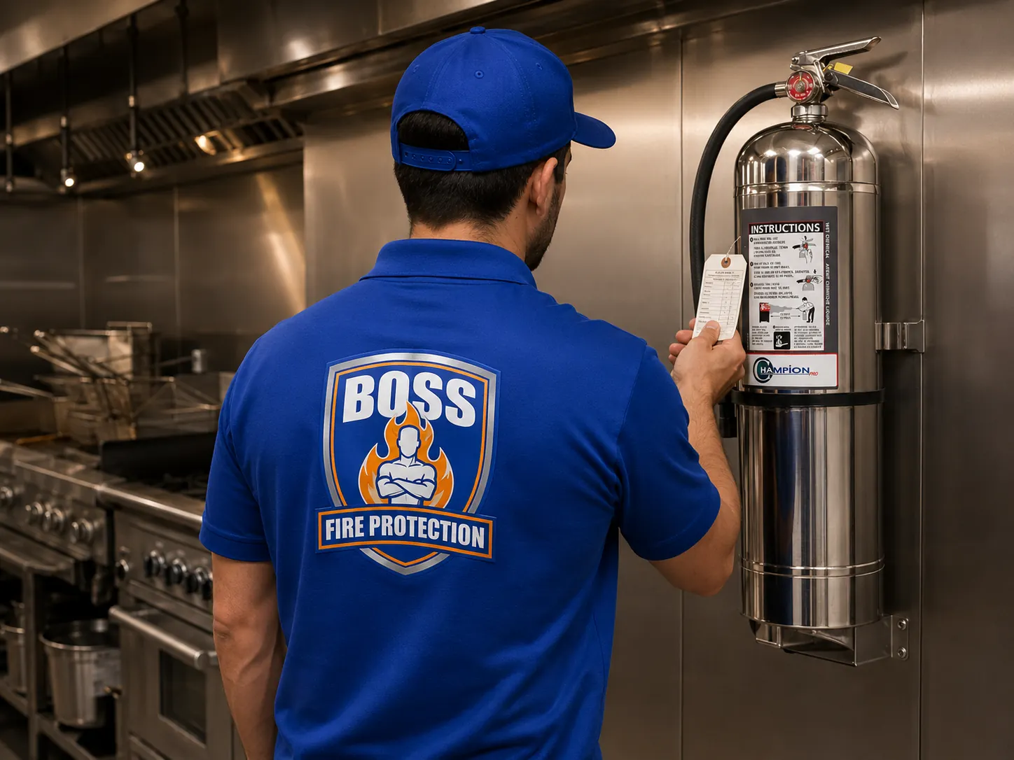 Boss Fire Protection technician servicing a Class K fire extinguisher in a commercial kitchen in Dallas-Fort Worth, TX
