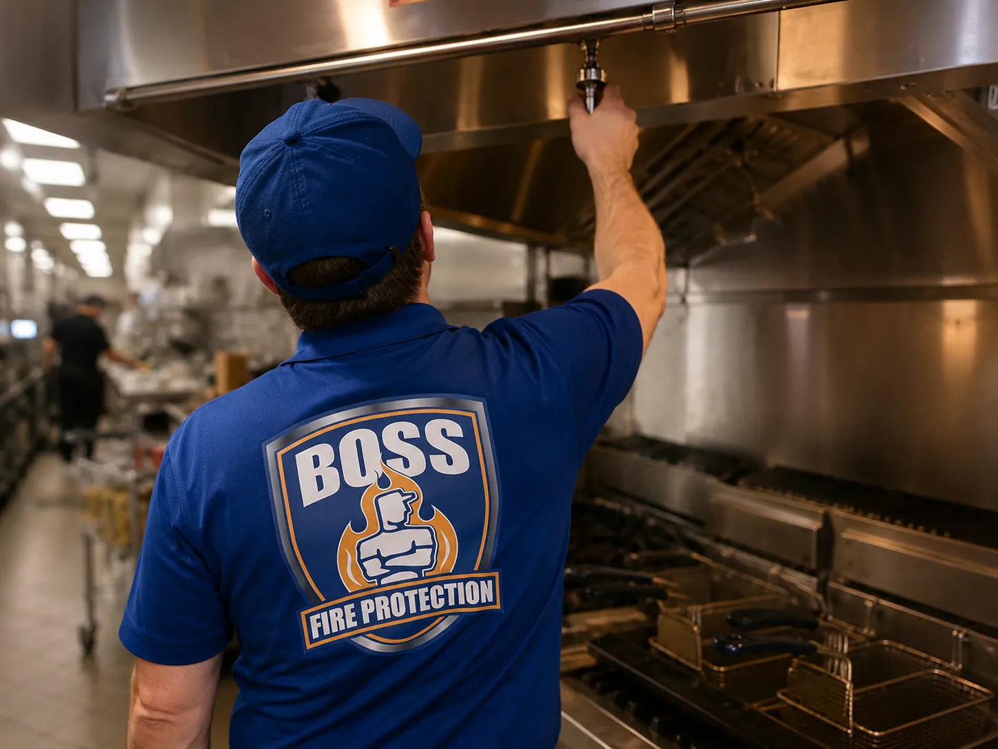 A Boss Fire Protection technician reaching up to the fire suppression piping under a commercial kitchen hood