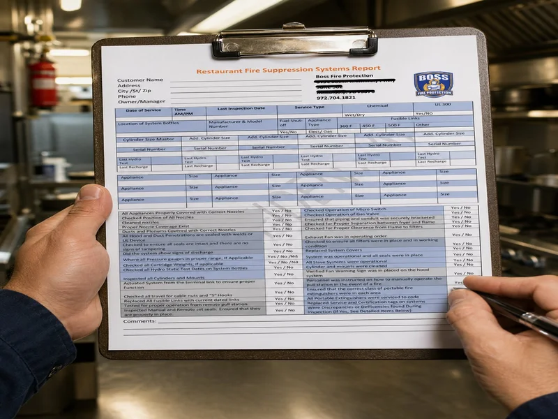 Boss Fire Protection technician completing a photo-documented fire suppression inspection report on a clipboard in Dallas-Fort Worth, TX