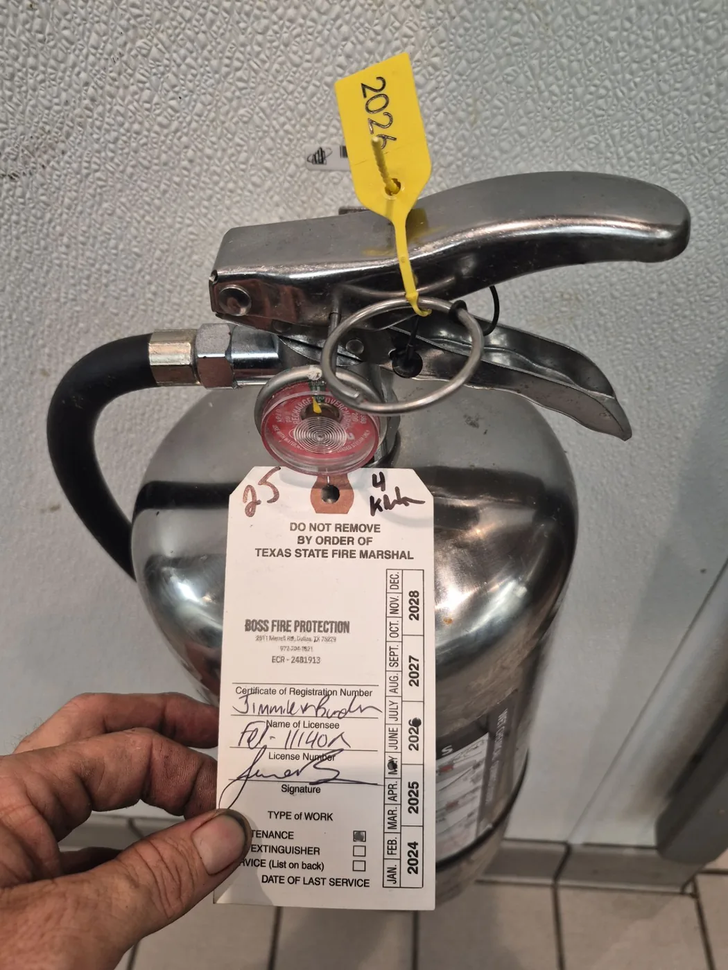 Commercial K-class fire extinguisher serviced and tagged by Boss Fire Protection in Dallas-Fort Worth, TX