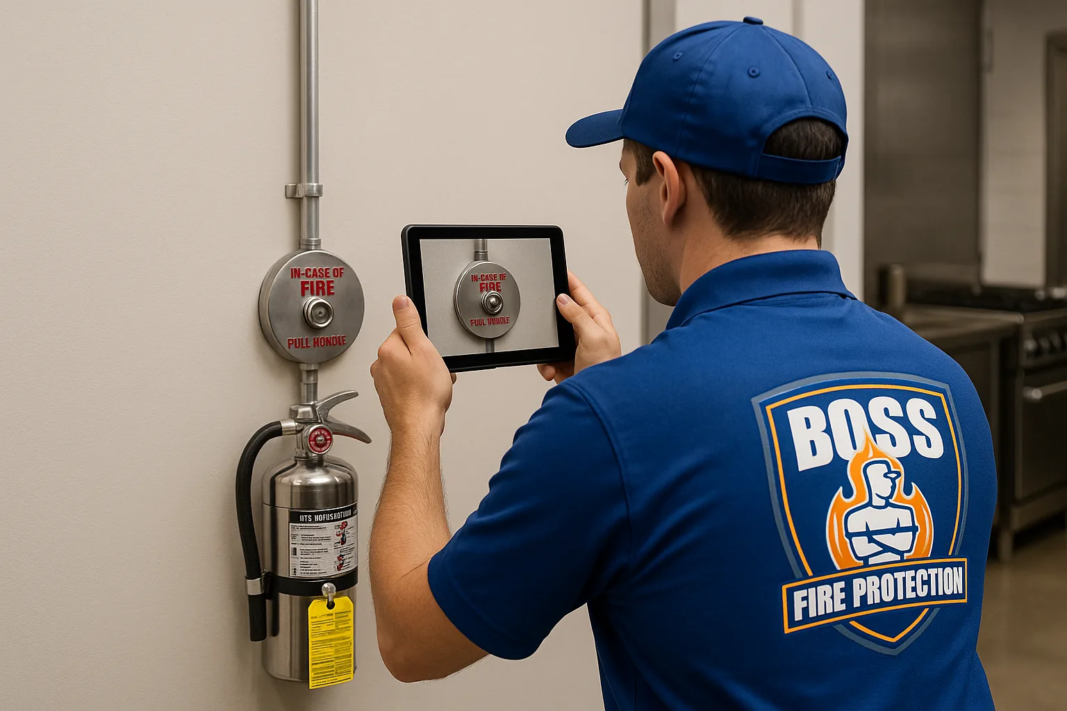 Boss Fire Protection technician photo-documenting a fire suppression pull station and K-Class extinguisher in a Dallas-Fort Worth commercial kitchen