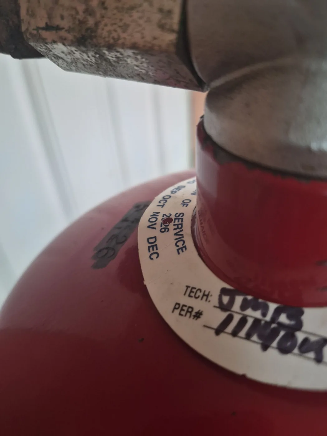 A commercial fire suppression cylinder with a dated service collar checked by Boss Fire Protection in Dallas-Fort Worth, TX
