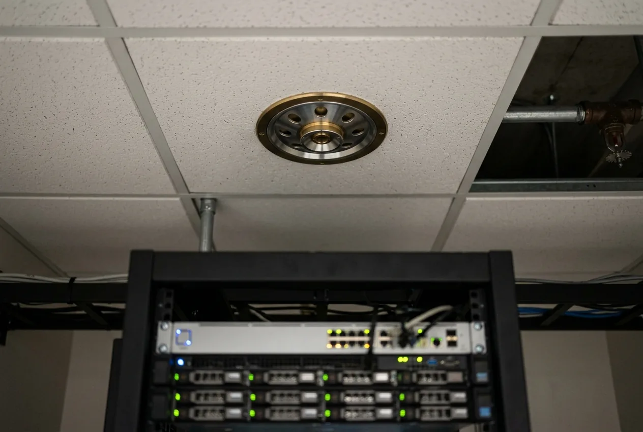 Round clean agent fire suppression discharge nozzle in a ceiling above a server rack with glowing status lights.