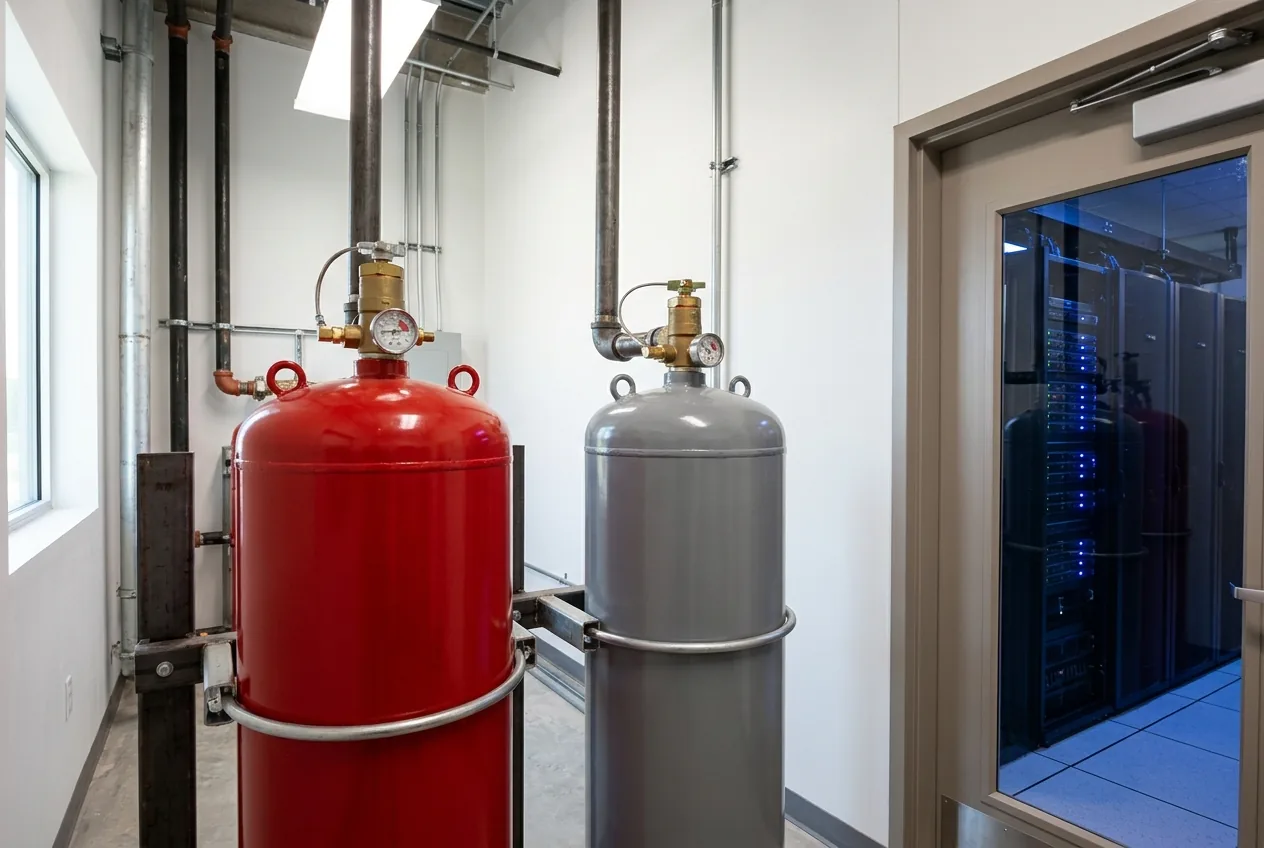 Red and grey clean agent fire suppression cylinders on wall brackets in a mechanical room, each with a pressure gauge and valve.