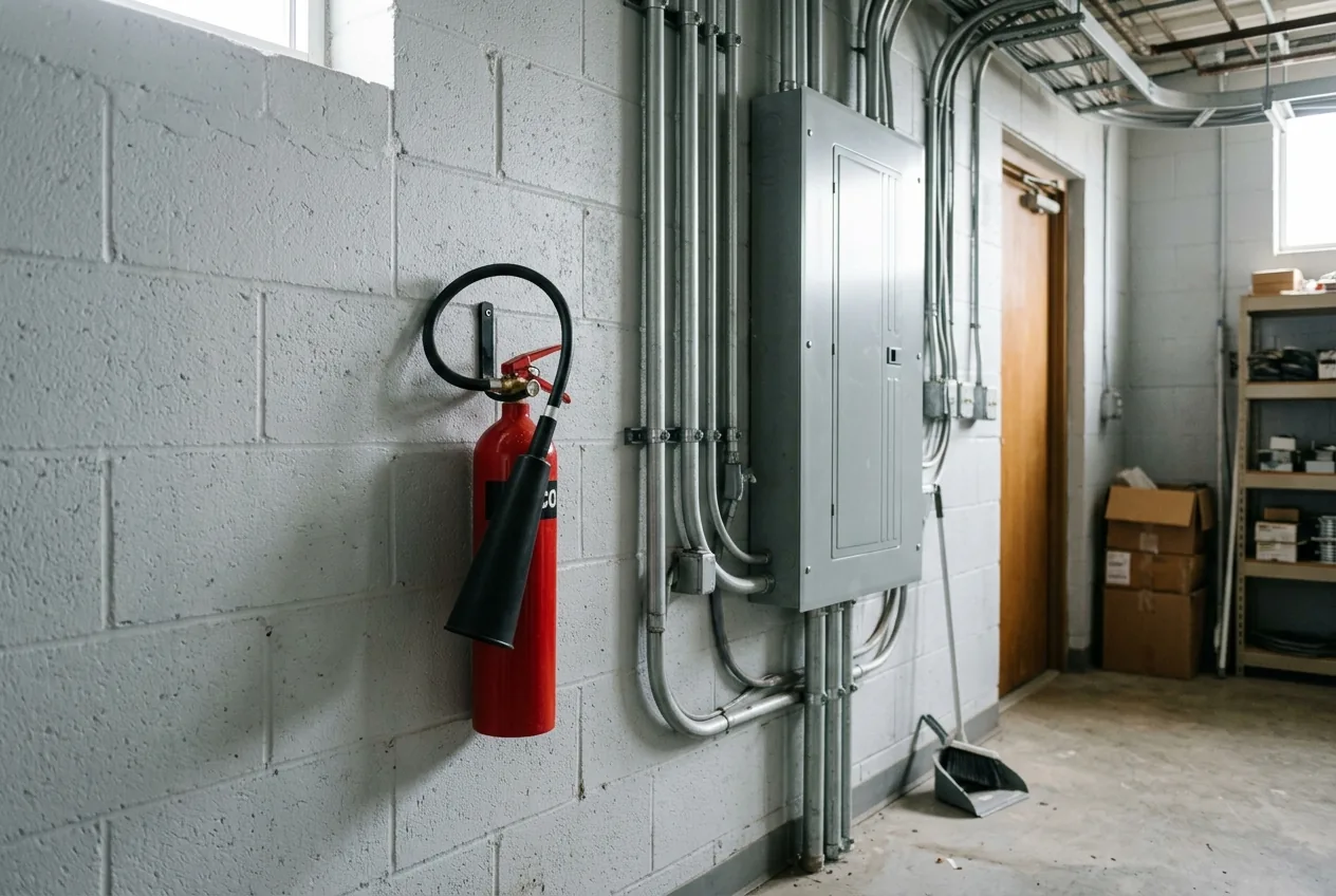 Carbon dioxide fire extinguisher with a black horn nozzle hanging beside a commercial electrical panel.