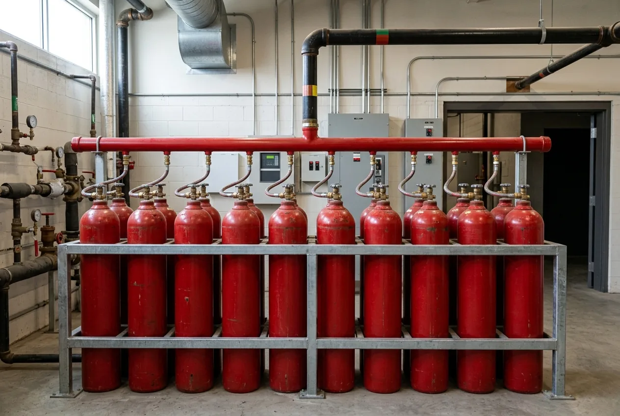 Row of tall red carbon dioxide fire suppression cylinders on a rack with a manifold pipe across their tops in an industrial mechanical room.