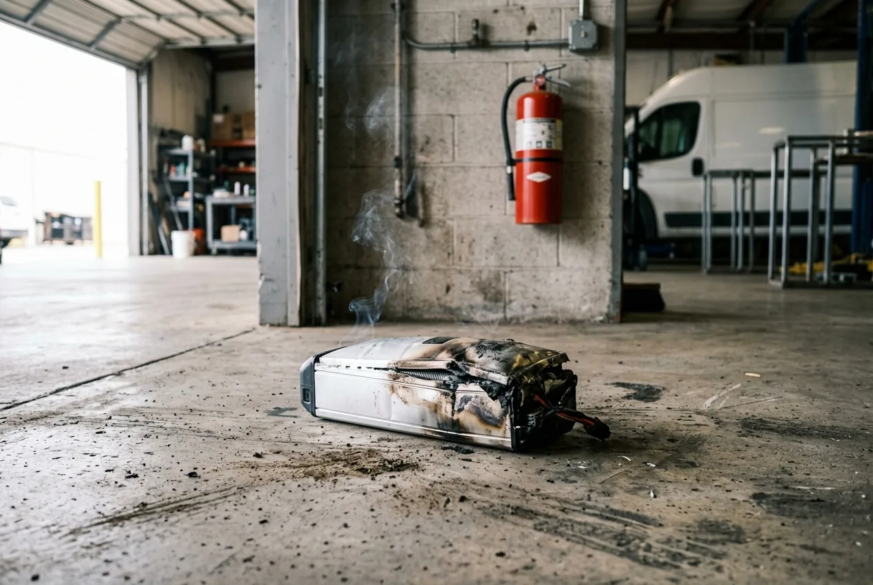 Swollen, damaged lithium-ion e-bike battery pack smoking on a garage floor, with a red fire extinguisher on the wall behind it.