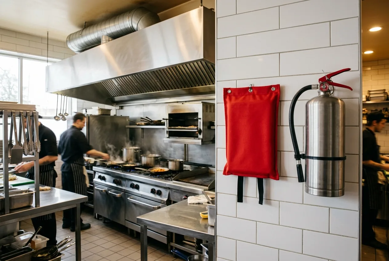 Red fire blanket pouch on a restaurant kitchen wall next to a silver Class K wet chemical extinguisher, with the cook line and hood behind.