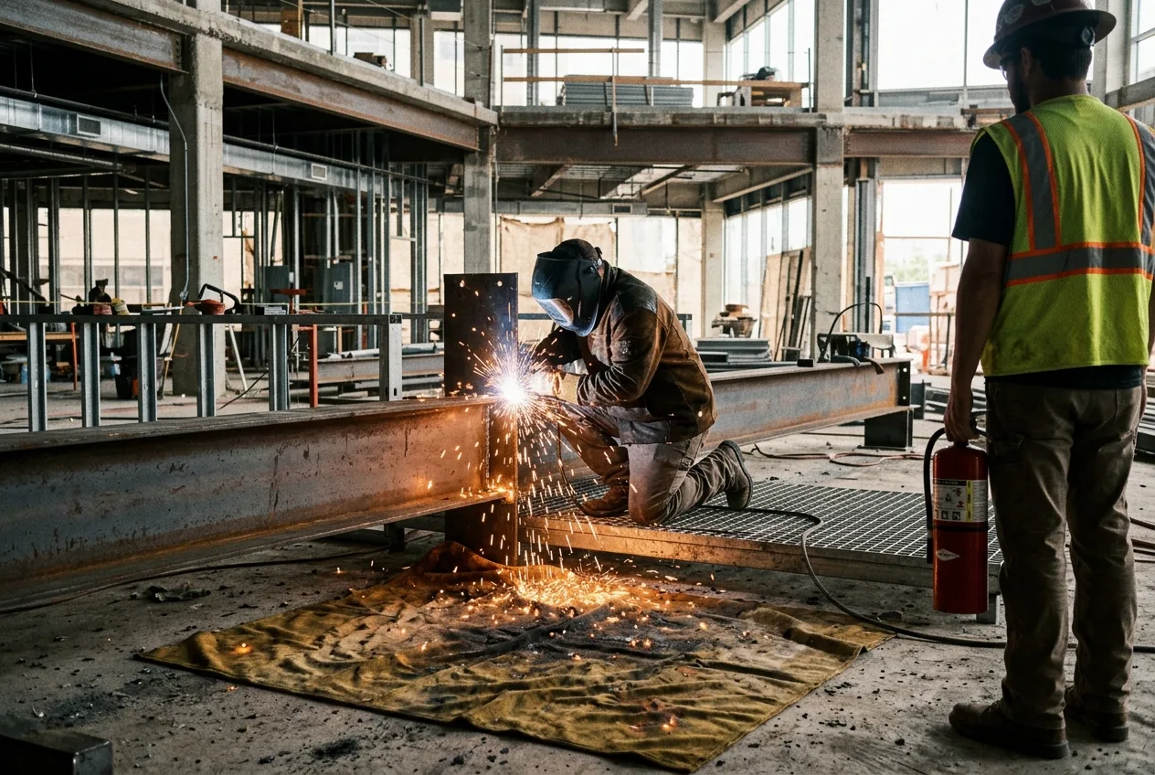 Welder working on a steel beam as sparks fall onto a fire-resistant blanket, while a fire watch worker holds a red extinguisher nearby.