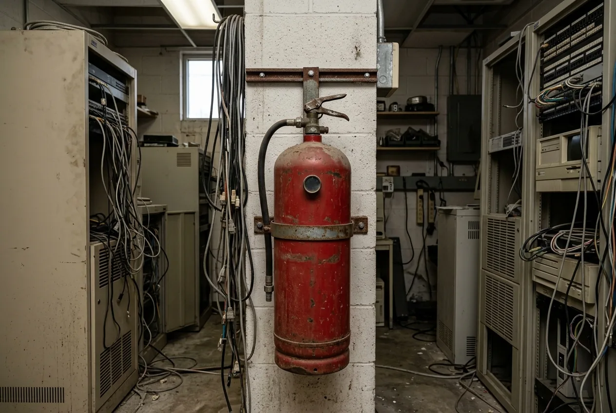 Older, dusty fire suppression gas cylinder on a wall bracket in an old telephone and computer equipment room.