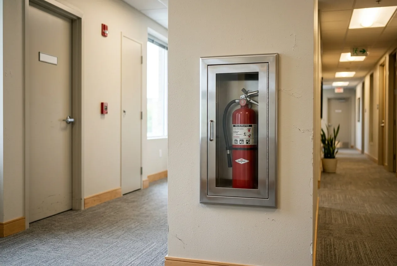 Semi-recessed stainless steel fire extinguisher cabinet with a glass door in an office corridor, a red extinguisher inside.