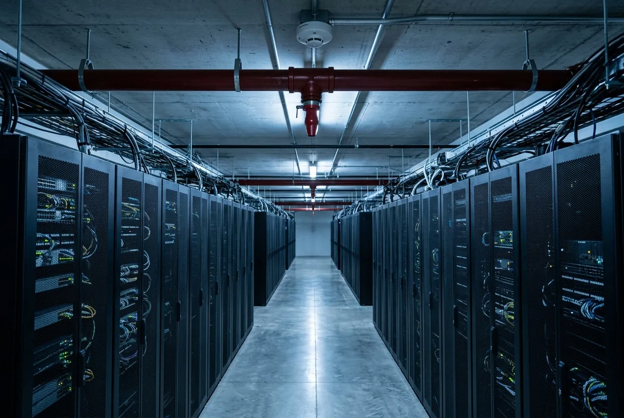 Server racks down a data room aisle with a clean agent discharge nozzle, a smoke detector and pipe on the ceiling above.